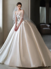 Simple Ball Gown Strapless Sleeveless Satin White Wedding Dresses Brides Dress SD1958
