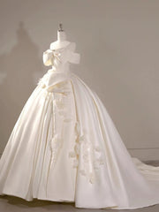 Timeless Ball Gown Off The Shoulder Short Sleeves Satin White Wedding Dresses Brides Dress SD1965