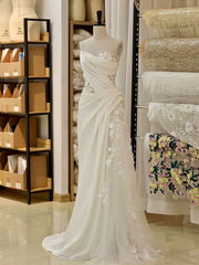 Timeless A line One Shoulder Lace Satin White Wedding Dresses Brides Dress SD1976