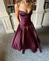 Beautiful A line Spaghetti Straps Burgundy Long Satin Party Dresses Prom Dress SD2024