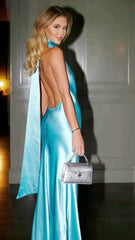Gorgeous Mermaid Halter Satin Long Party Dresses Blue Backless Prom Dress SD2044