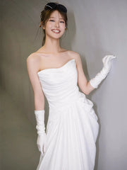 Unique Mermaid Sweetheart Pleats White Satin Ruffles Wedding Dresses SD2091