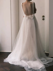 Unique Ball Gown Straps Neckline Long White Tulle Wedding Dresses SD2103