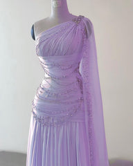 Classy A Line One Shoulder Pink Chiffon Evening Gown Prom Dresses SD1435