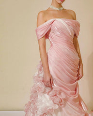 Sexy Mermaid Strapless Pink Long Floral Prom Dresses Party Dress SD2318