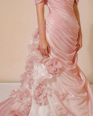 Sexy Mermaid Strapless Pink Long Floral Prom Dresses Party Dress SD2318