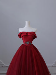 Pretty Ball Gown Strapless Burgundy Tulle Long Prom Dresses Evening Gowns SD2322