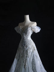 Pretty Mermaid Off The Shoulder Silver Beads Long Prom Dresses Formal Evening Dress SD2333