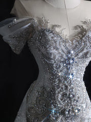 Pretty Mermaid Off The Shoulder Silver Beads Long Prom Dresses Formal Evening Dress SD2333