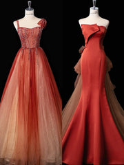 Pretty Mermaid Strapless Satin Long Rust Red Ruffles Long Prom Dresses Formal Evening Dress SD2354