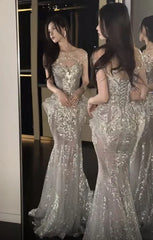 Elegant Silvery Shiny Sequin Mermaid Long Prom Dress Party Dress Evening Dress HZ1024