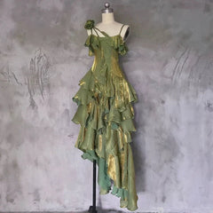 Retro Spaghetti Strap Irregular Ruffled Detachable Rose Design Elegant Satin Evening Dress Prom Dress HZ1024