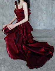 Pretty Irregular Ruffled Spaghetti Straps Burgundy Prom Dresses With Detachable Rose Long Birthday Dress For Women SD237
