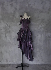 Retro Spaghetti Strap Irregular Ruffled Detachable Rose Design Elegant Satin Evening Dress Prom Dress HZ1024