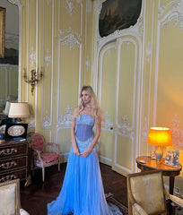 Sexy A Line Off The Shoulder Maxi Long Party Light Blue Chiffon Prom Dresses Evening Dress SD2383