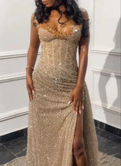 Gorgeous Mermaid Spaghetti Straps Floor Length Sequin Slit Evening Dress Prom Dresses SD2402