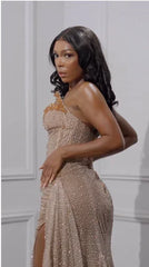 Enchanting Shiny Champagne Beaded Strapless Slit Prom Dress Evening Dress HZ1024