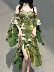 Retro Mermaid Spaghetti Straps High Low Long Party Dress Green Prom Dresses SD2412