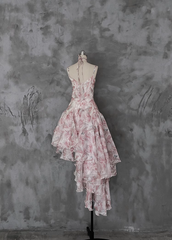 Pretty High Low Spaghetti Straps Pink Organza Prom Dresses Long Birthday Dress For Women SD241