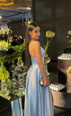 Simple A line Spaghetti Straps Light Blue Long Party Dress Prom Dresses SD2440