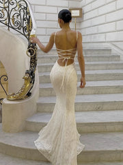 Modest Mermaid Spaghetti Straps Long White Prom Dresses Formal Graduation Party Dress Evening Dress SD2461