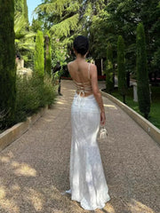 Pretty Mermaid Spaghetti Straps Long Lace Party Dresses Prom Dresses SD2461