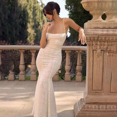 Modest Mermaid Spaghetti Straps Long White Prom Dresses Formal Graduation Party Dress Evening Dress SD2461