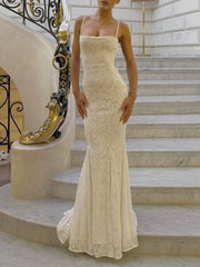 Modest Mermaid Spaghetti Straps Long White Prom Dresses Formal Graduation Party Dress Evening Dress SD2461