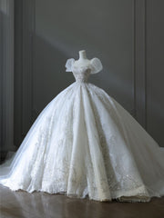 Timeless Ball Gown Off The Shoulder Short Sleeves Tulle Sequin Wedding Dresses Bridal Dress SD2480