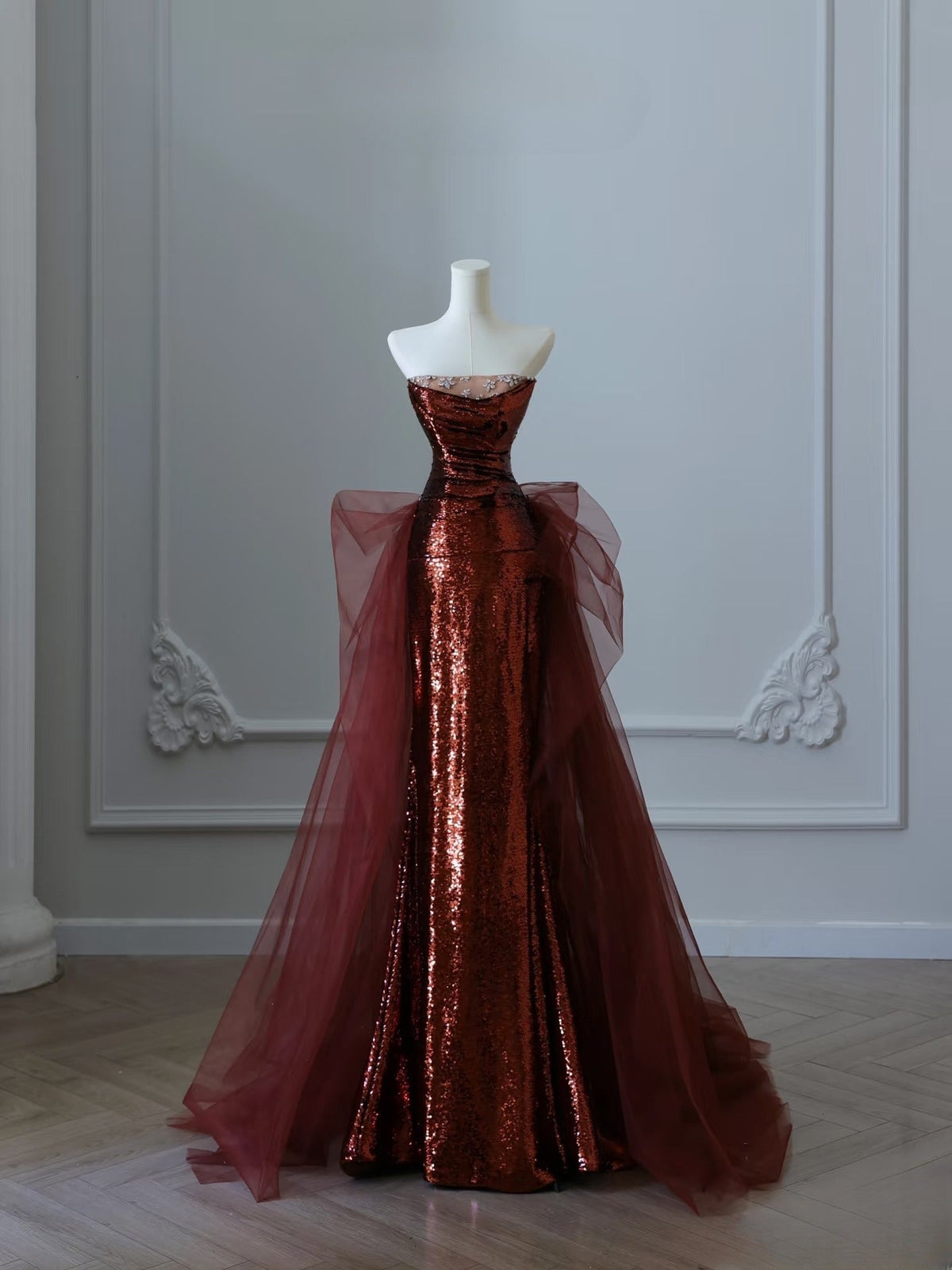 Classy Mermaid Strapless Burgundy Sequin Long Evening Dress Prom Dresses SD2492