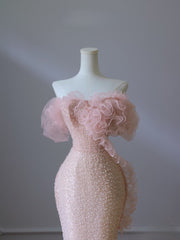 Classy Mermaid Strapless Pink Sequin Long Evening Dress Prom Dresses SD2495