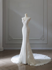Timeless Mermaid V Neckline Satin Ivory Long Wedding Dress Bridal Dresses SD2496