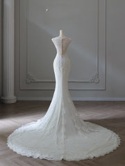 Timeless Mermaid V Neckline Satin Ivory Long Wedding Dress Bridal Dresses SD2496