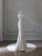 Timeless Mermaid V Neckline Satin Ivory Long Wedding Dress Bridal Dresses SD2496
