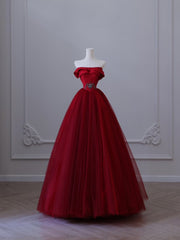 Classy Balll Gown Strapless Red Tulle Long Evening Dress Prom Dresses SD2516