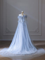Classy Balll Gown Sweetheart Floral Blue Tulle Long Evening Dress Prom Dresses SD2518