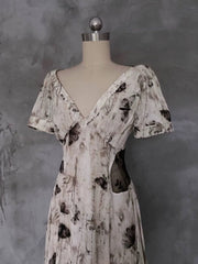 Pretty A line V Neckline Floral Long Prom Dresses Birthday Dress For Women SD252