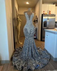 Sexy Mermaid Scoop Silver Beads Sequin Long Birthday Dress Birthday Outfits Graduation Dresses D2623
