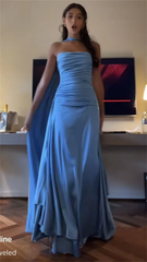 Classy Sheath Strapless With Ribbon Blue Ruffles Long Prom Dress SD2702