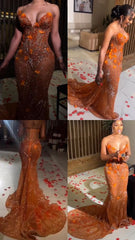 Classy Mermaid Sweetheart Orange Tulle Sequin Evening Gowns Long Prom Dress S2702