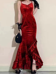 Classy Mermaid Spaghetti Straps Burgundy Ruffles Long Prom Dress SD2703