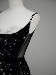 Classy Mermaid Spaghetti Straps Black Sequin Slit Long Evening Gowns Prom Dress SD2744