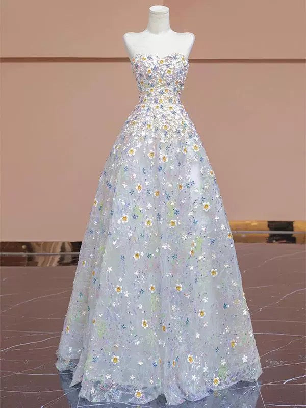 Gorgeous Balll Gown Sweetheart Floral Tulle Long Evening Dress Prom Dresses SD2749