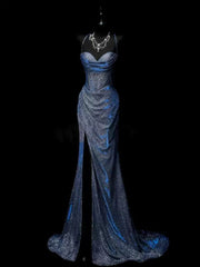 Classy Mermaid Spaghetti Straps Navy Blue Sequin Long Evening Gowns Prom Dress SD2765
