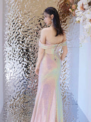 Pretty Mermaid Off The Shoulder Pink Sequin Long Evening Dress Prom Dresses SD2782