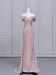 Pretty Mermaid Off The Shoulder Pink Sequin Long Evening Dress Prom Dresses SD2782