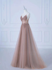 Pretty A line Spaghetti Straps Tulle Long Length Evening Dress Prom Dresses SD2783