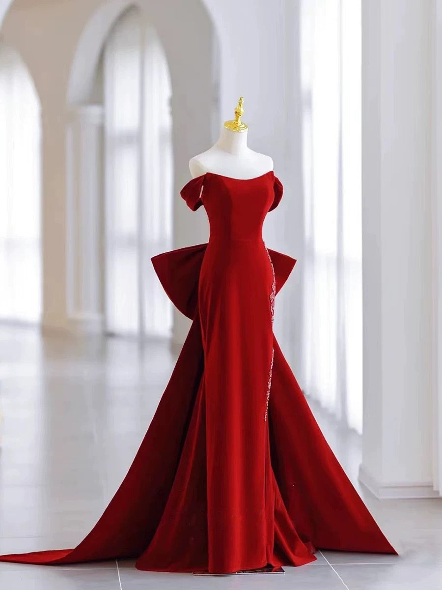 Pretty Mermaid Off The Shoulder Burgundy Satin Long Evening Dress Prom Dresses SD2788