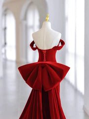 Pretty Mermaid Off The Shoulder Burgundy Satin Long Evening Dress Prom Dresses SD2788