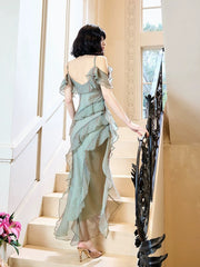 Modest Mermaid Spaghetti Straps Ruffles Long Evening Dress Prom Dresses SD2814